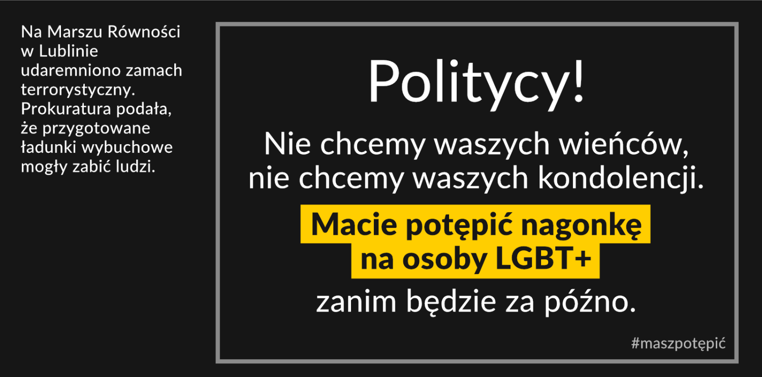 W Lublinie udaremniono zamach. Politycy! Macie potępić przemoc wobec LGBT+ #maszpotępić